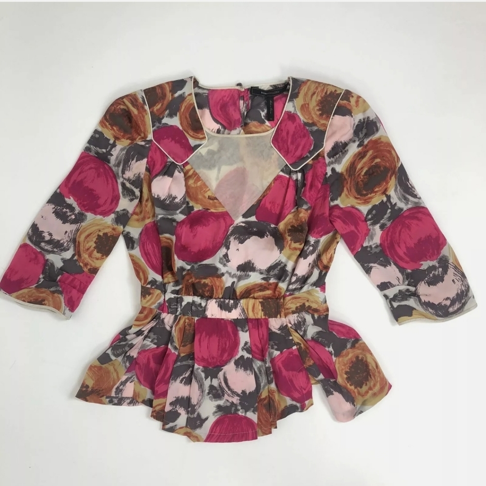 BCBG Maxazria S 100% Silk Victorian Style 3/4 Sleeve Floral Begonia Combo Blouse